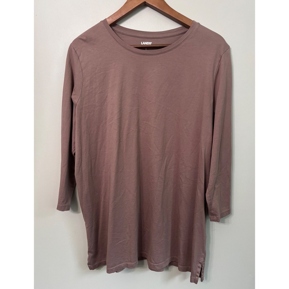 Lands End Womens XL 18 Brown 100% Cotton 3/4 Sleeve Crew Neck T-Shirt Top